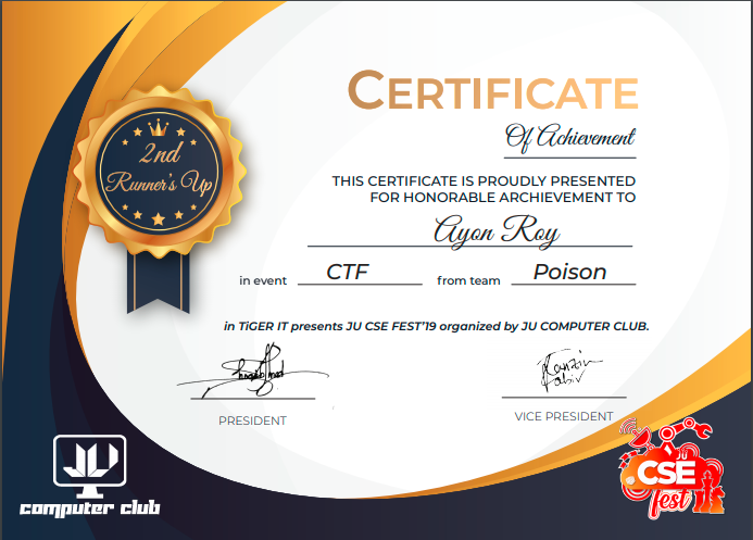 2nd Runner-up in CTF, JU CSE Fest-2019